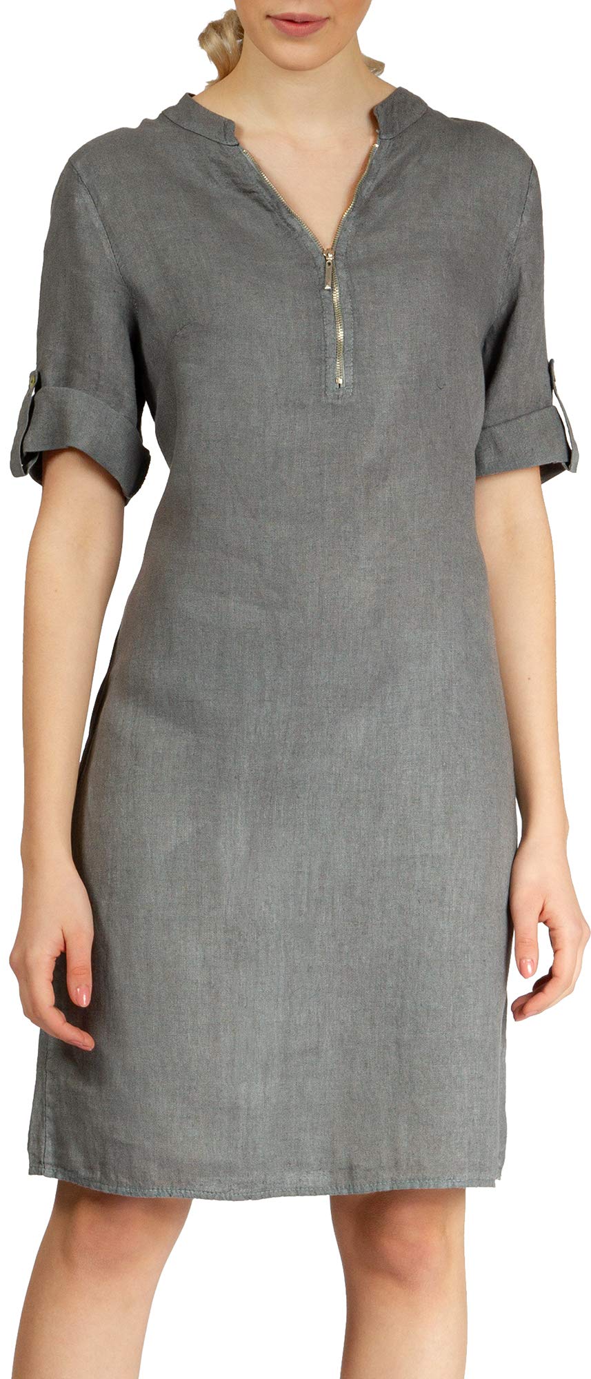 Caspar SKL037 stylisches knielanges Damen Sommer Leinenkleid mit Reissverschluss Ausschnitt 36 Grau,