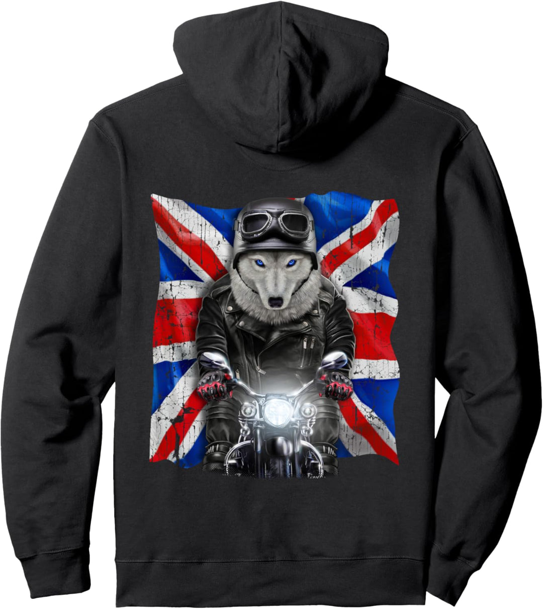 Patriot Wolf auf einem Motorrad mit Union Jack Pullover Hoodie