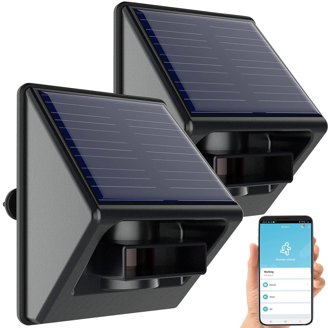 Luminea Home Control Bewegungsmelder mit App: 2er-Set Outdoor-PIR-Sensoren, Solarpanel, App, IP55, Z
