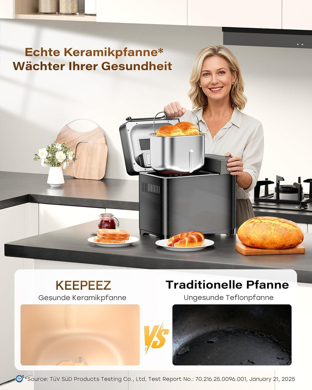 710W 1KG Konvektions Brotbackautomat mit Doppelten Heizrohren, 17 in 1 Edelstahl Brotbackmaschine, K