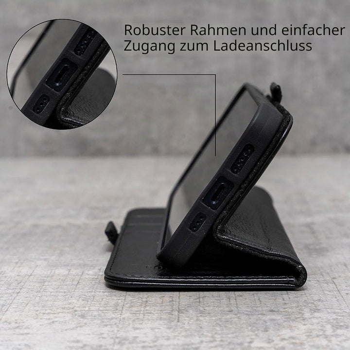 Porter Riley - Lederhülle kompatibel mit iPhone 15 Pro. Premium Echtleder Standhülle/Ledertasche/Bri