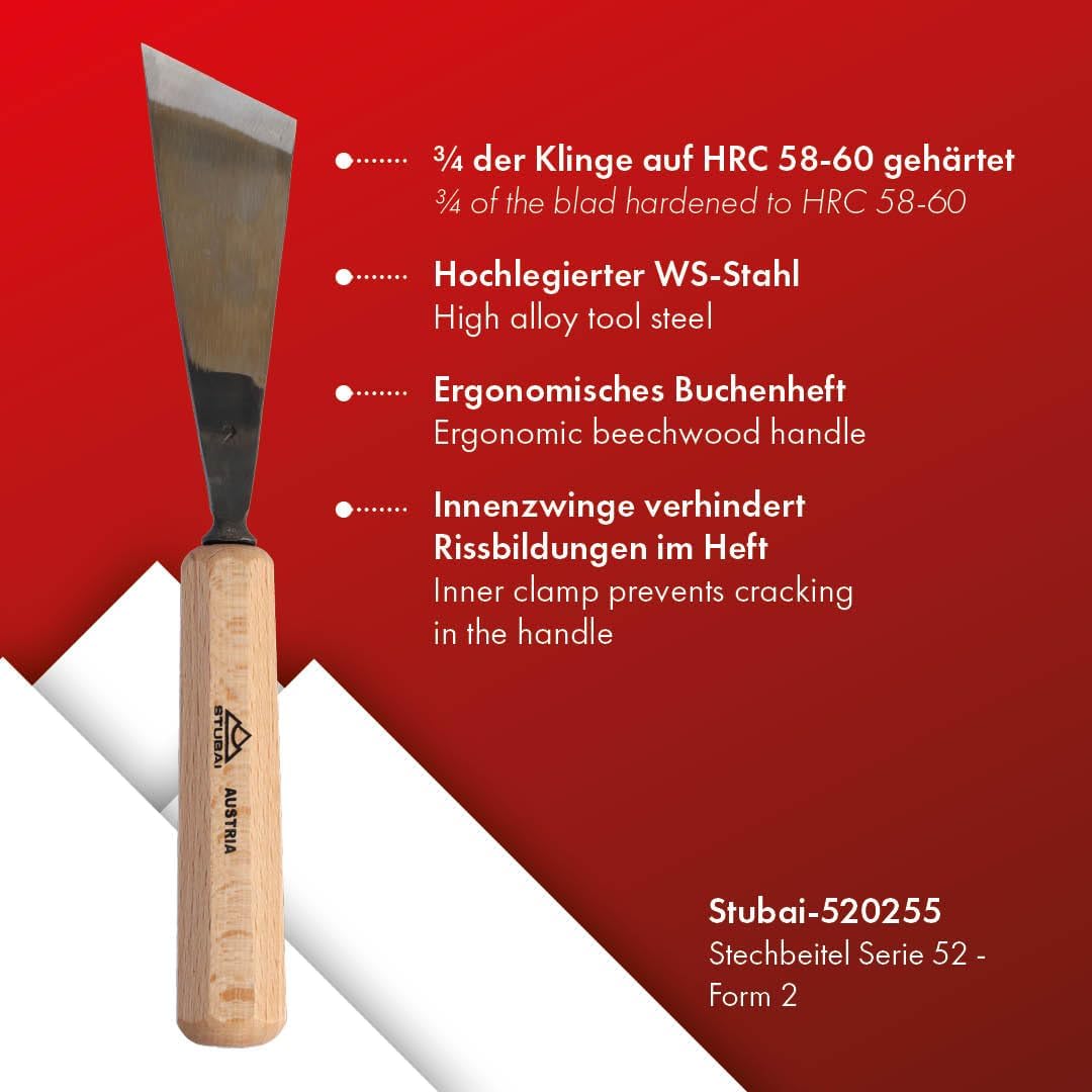 STUBAI Stemmeisen Stechbeitel Serie 52 - Form 2 | Gerades Balleisen, schräg - 55 mm, mit Holzgriff,