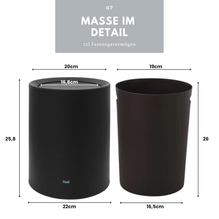 Nell 8L Mülleimer Bad Schwarz Matt mit Schwingdeckel – Perfekt als eleganter Kosmetikeimer, Ideal au