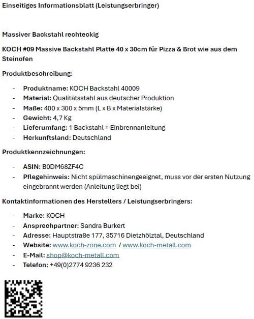 Koch Backstahl - 40 x 30 cm - Massiver Pizzastahl aus 5mm Qualitätsstahl - Für Backofen & Grill - Sc