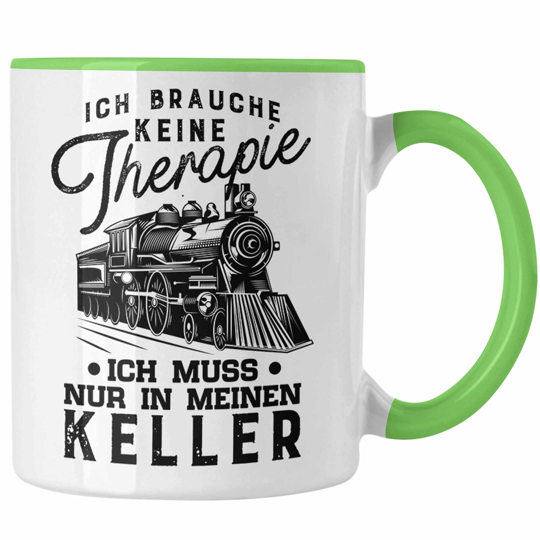 Trendation - Modelleisenbahn Tasse Geschenk für Eisenbahner Spruch Ich Muss In Meinen Keller (Grün),