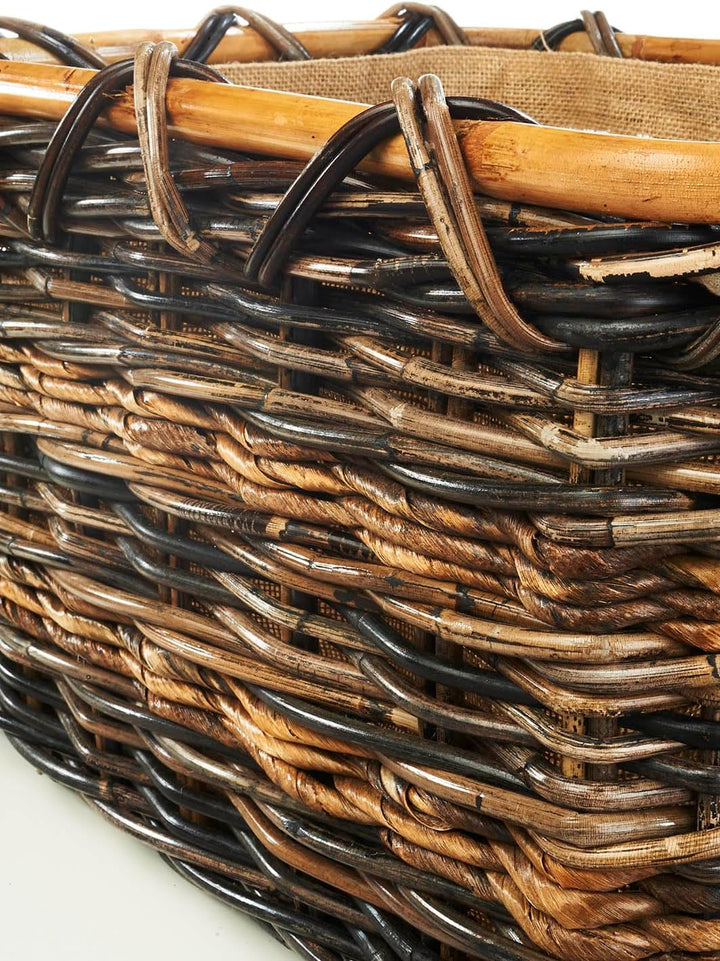 Kobolo Holztrage Holzkorb für Kaminholz eckig - Rattan und Bananenblatt - mit Jutestoff ausgestattet