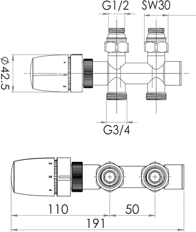 Schulte EP3769002 Mittenanschlussgarnitur Durchgang Thermostat-Set, verchromt Set Durchgang (Bodenan