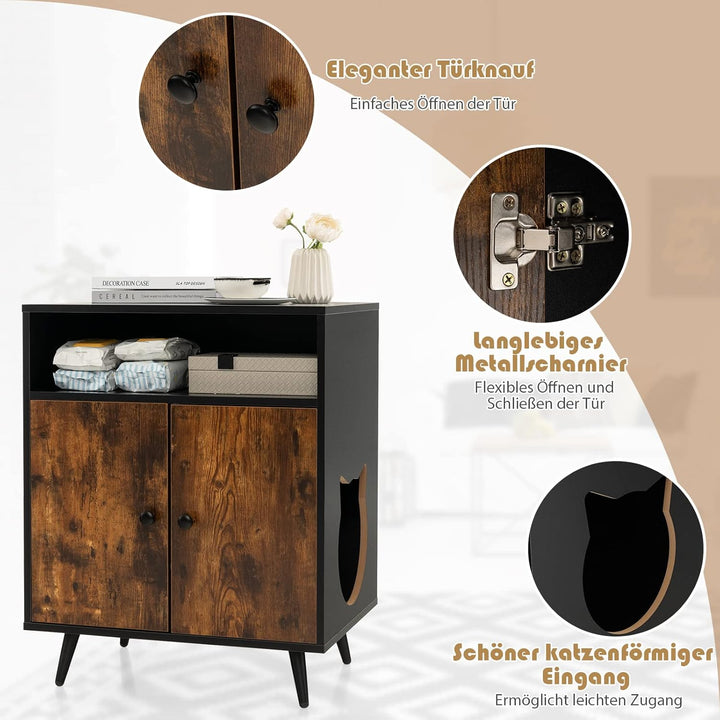 COSTWAY Katzenschrank Katzentoilette, Katzenhaus mit Doppeltüren & Eingang & offenem Regal, Katzenhö