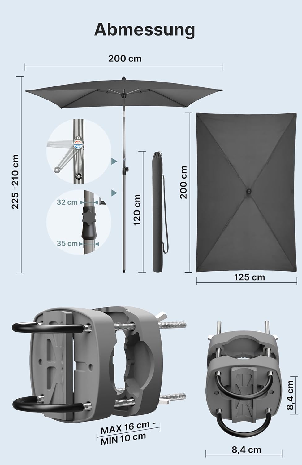 4smile Sonnenschirm Balkon mit Halterung im 3-er-Set, 200x125 cm, UV 50+, Sonnenschutz Balkon, Balko