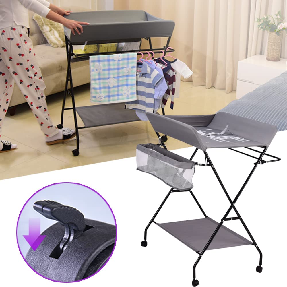 Baby Wickelkombi - klappbare Wickelkommode mit 3 Ablagefächern, platzsparend & stabil für Babys bis