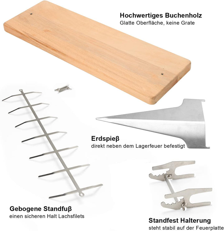 Yakimz 2er Set Flammlachsbrett mit Edelstahl Halterung, Räucherbrett,5 Stufen Einstellbar Flammlachs