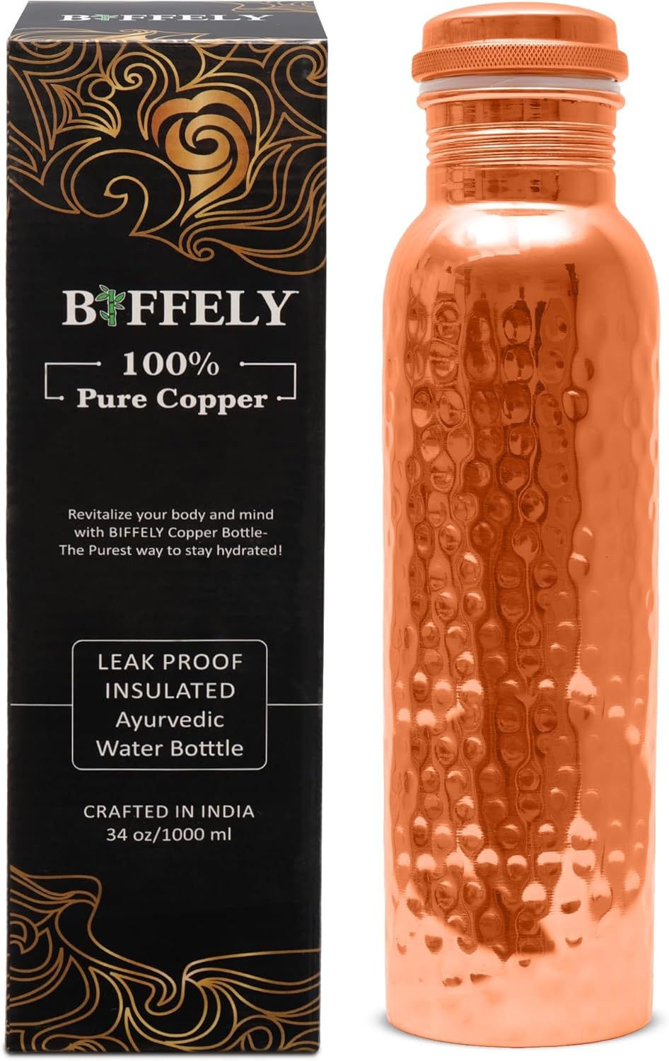 Kupfer-Wasserflasche, handgefertigt, ayurvedisch, 100% reines Kupfer, für Damen und Herren, auslaufs