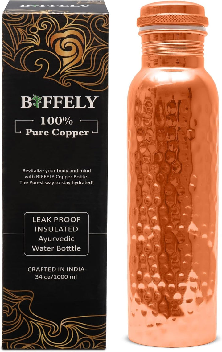Kupfer-Wasserflasche, handgefertigt, ayurvedisch, 100% reines Kupfer, für Damen und Herren, auslaufs