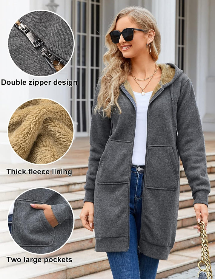 RITOSTA Damen Hoodie Fleecejacke Kapuzenjacke mit Zip Winterjacke Lang Sweatjacke Warme Plüschjacke