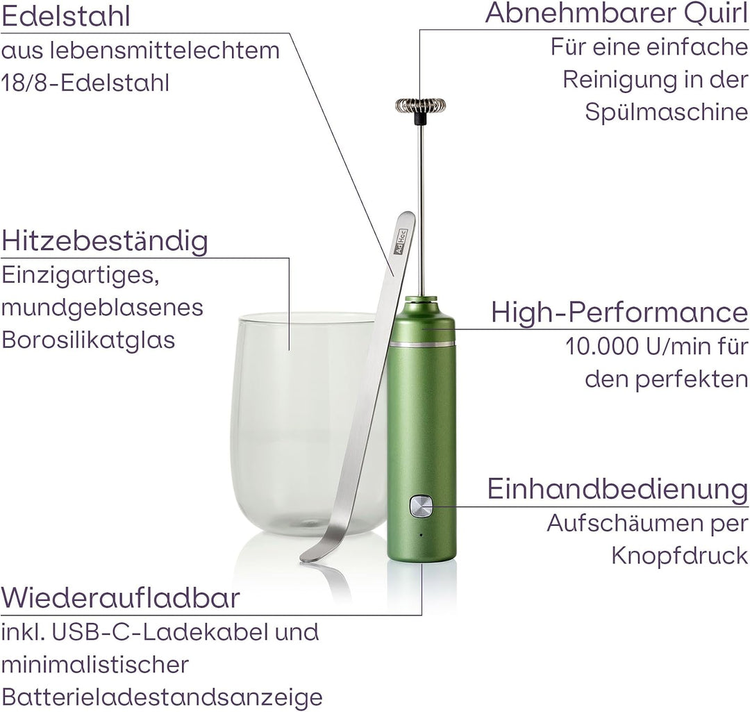 AdHoc Chado Set 3-tlg. – Matcha-Geniesser-Set mit elektrischem Milchaufschäumer, mundgeblasenem Glas