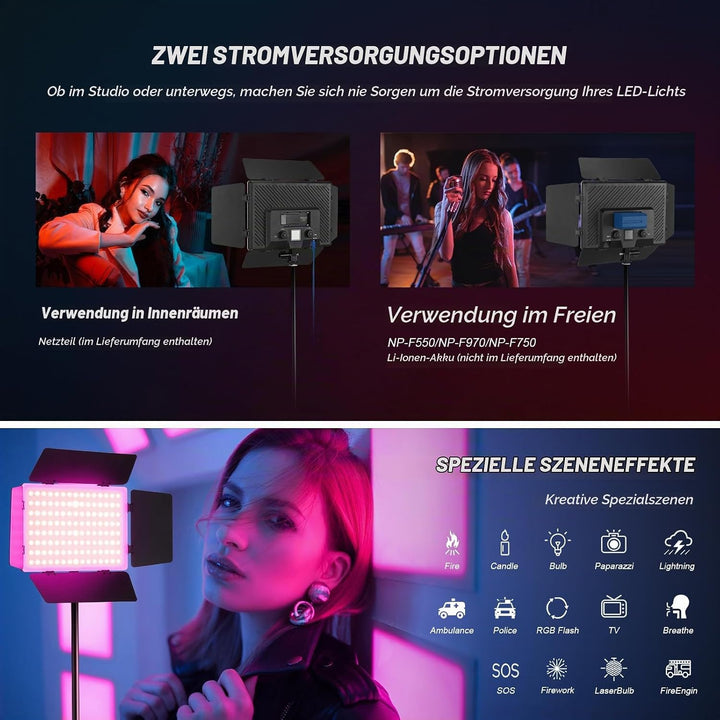 Soonpho 2-Pack RGB LED VideoLicht Set Panel Videoleuchte Barn Door 2500–8500K Dimmbare 20W Light Fot