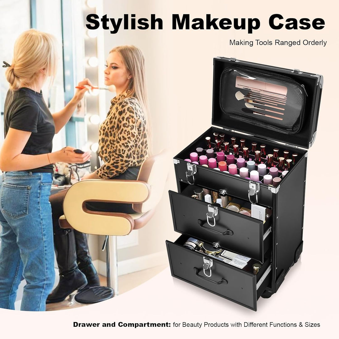 3 Schichten Kosmetikkoffer Trolley, Make Up Koffer Mit 2 Schubladen und 2 Schloss Friseurkoffer Gros