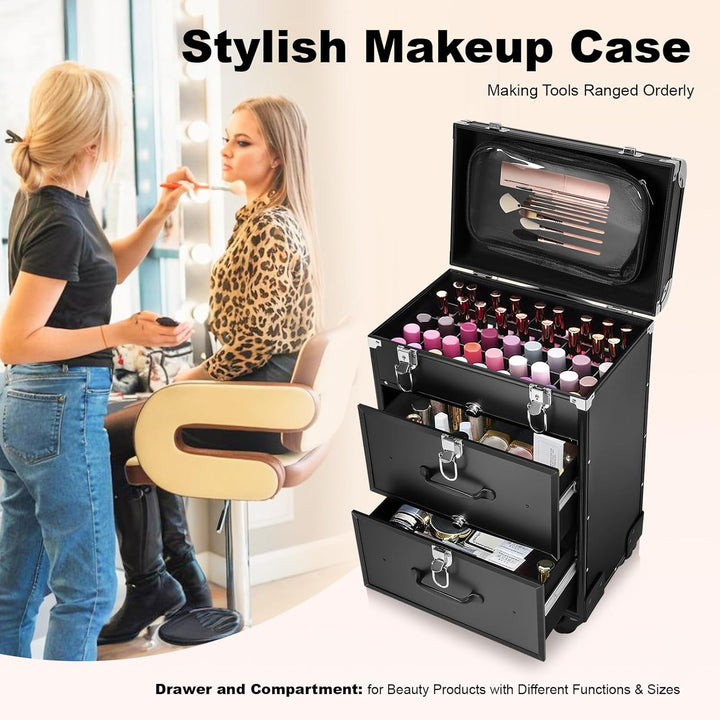 3 Schichten Kosmetikkoffer Trolley, Make Up Koffer Mit 2 Schubladen und 2 Schloss Friseurkoffer Gros