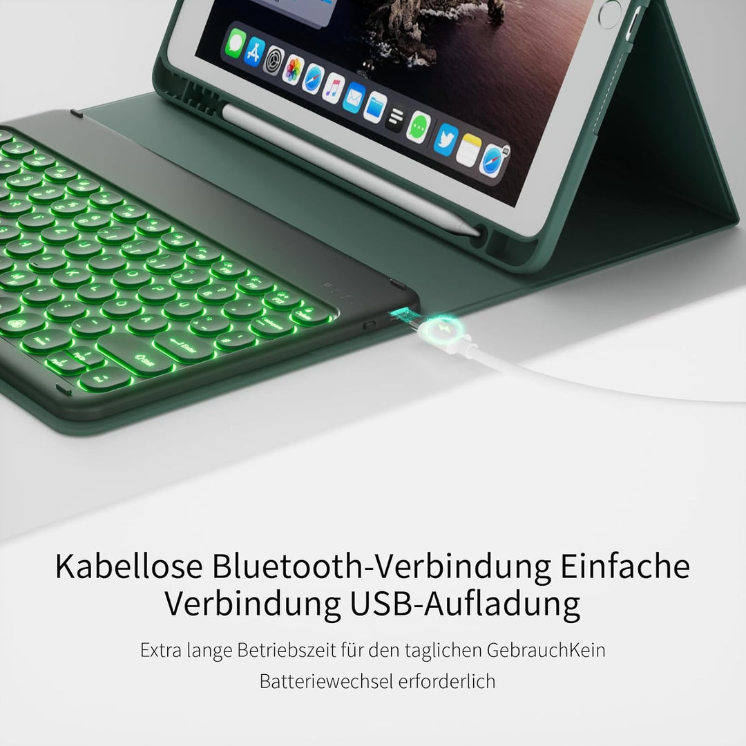 Hülle mit Tastatur für iPad 9/8/7 Generation (2021/2020/2019) 10.2 Zoll Soft TPU Rückschalemit Stift