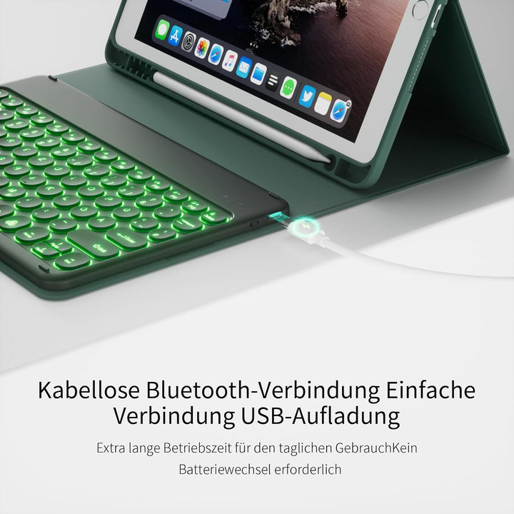 Hülle mit Tastatur für iPad 9/8/7 Generation (2021/2020/2019) 10.2 Zoll Soft TPU Rückschalemit Stift