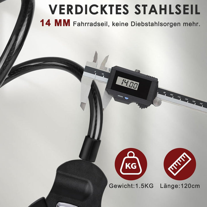 E Scooter Schloss, 120CM Schloss für E Scooter, Handschellenschloss mit Schlüssel, 14MM Dickes Kabel