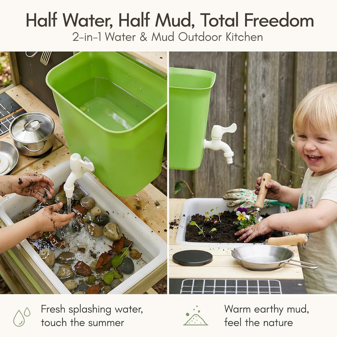 Matschküche Kinder Outdoor Holz Mud Kitchen Spielküche, Aussenküche für Kinder mit 10 Spielzubehör,