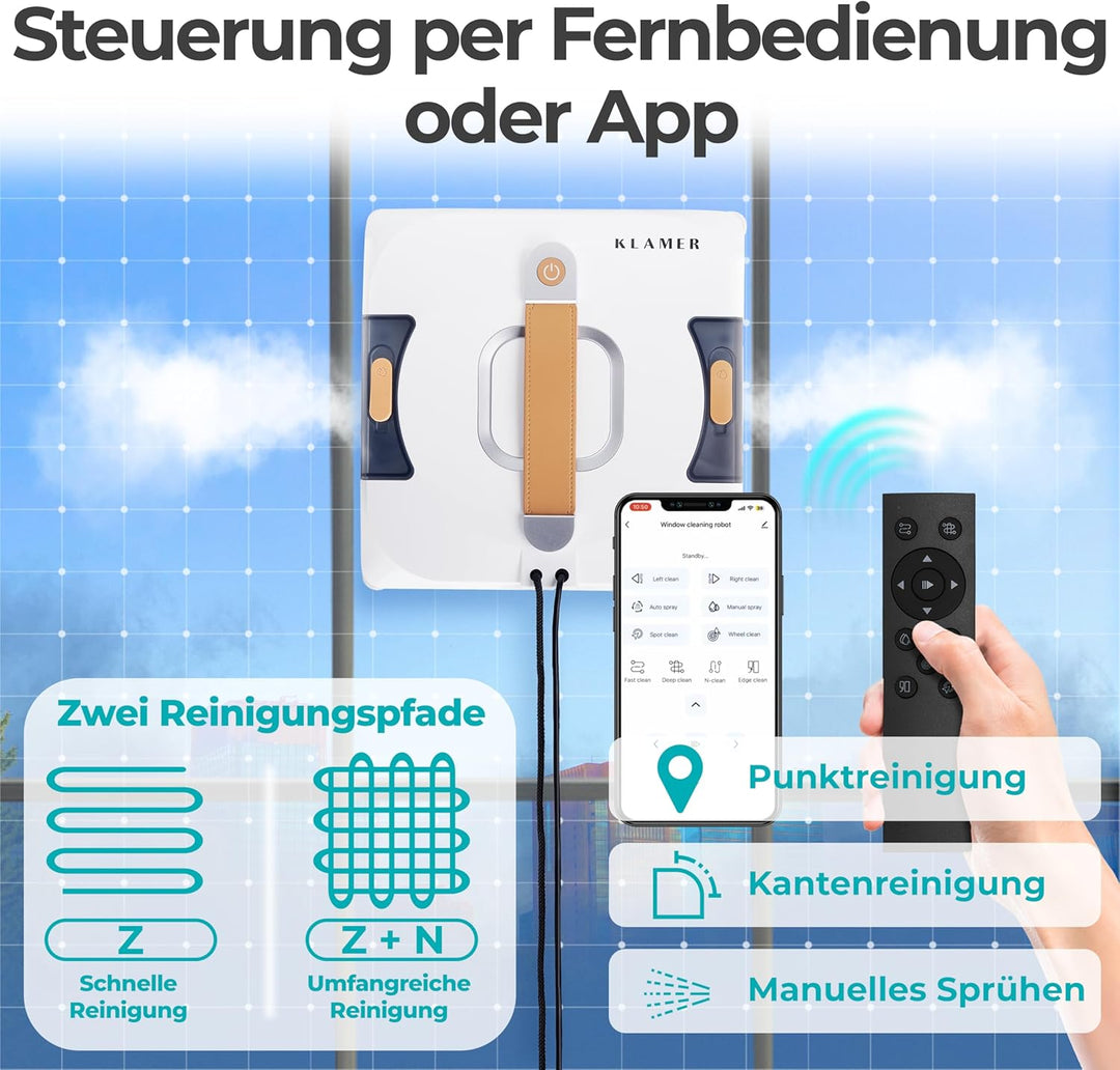 KLAMER Fensterputzroboter 3500 Pa – automatischer Fensterreiniger mit 100 ml Doppelwassertank, Nassr