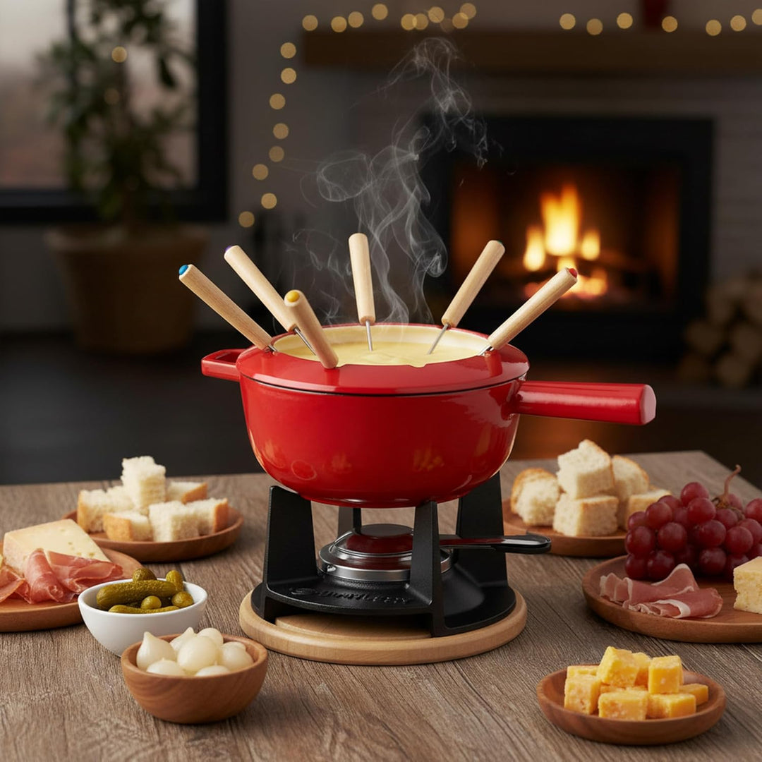 Mahlzeit Gusseisen Fondue Set für 6 Personen | 2 Liter | Fondueset 13 teilig mit Brenner und Gabeln