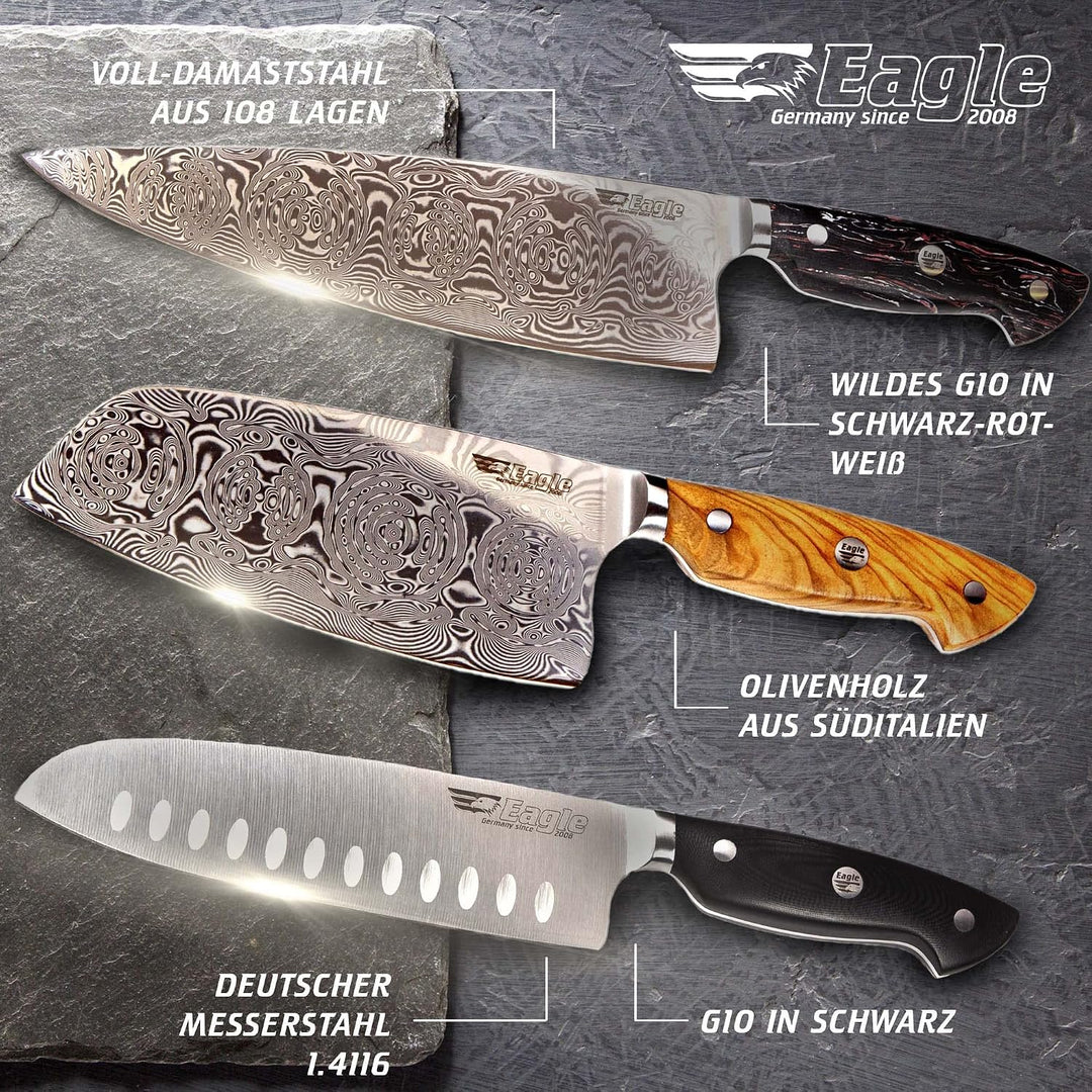 Eagle U-Grip - Chefmesser 23 cm Klingenlänge - Voll-Damaststahl 108 Lagen/Heftschalen: G10 schwarz-r