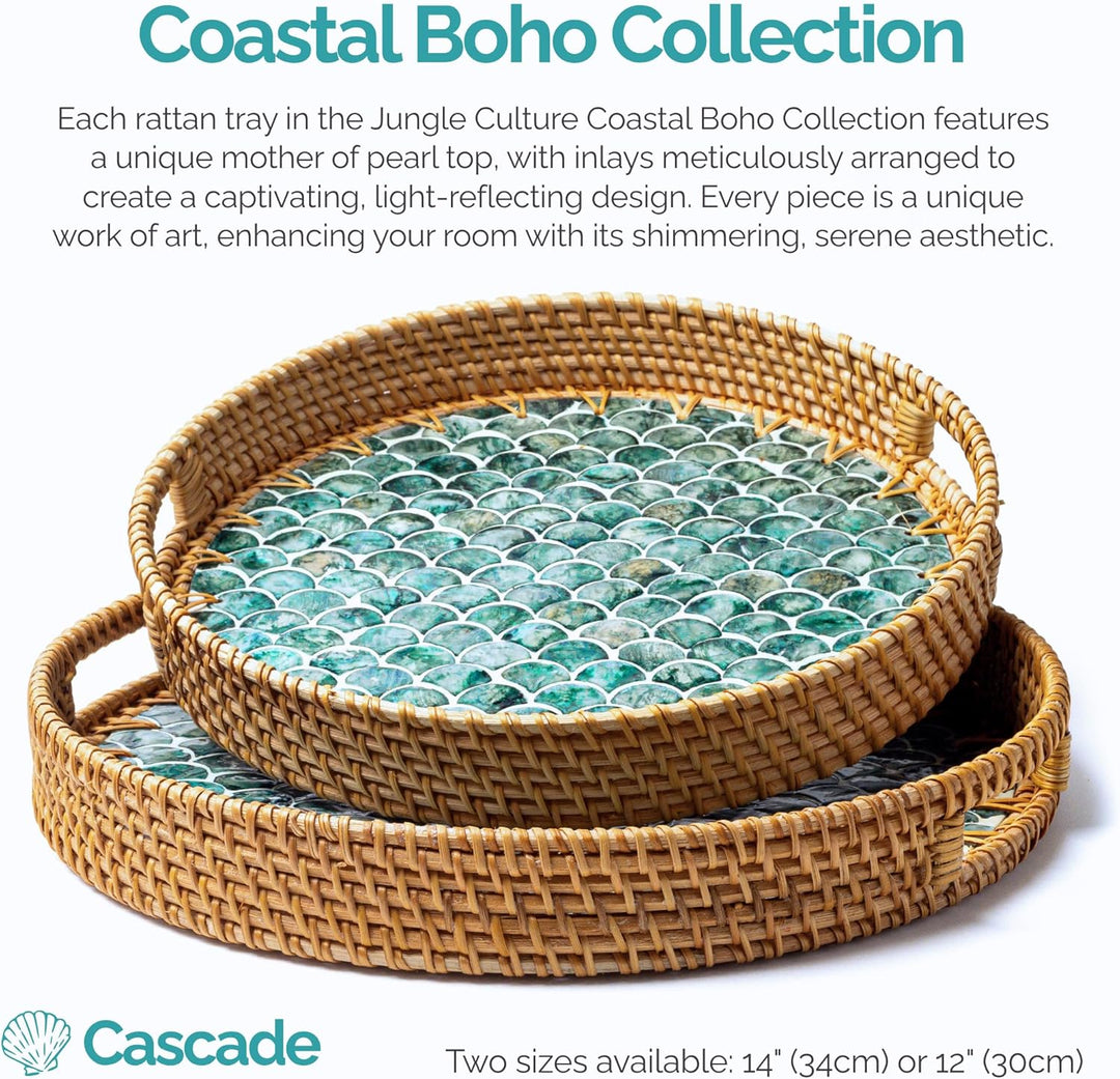 JUNGLE CULTURE Rattan Serviertablett rund 30 cm mit Perlmutt – Cascade • Coastal Boho • Handgefertig