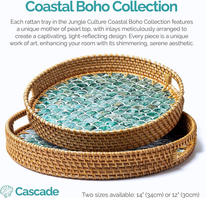 JUNGLE CULTURE Rattan Serviertablett rund 30 cm mit Perlmutt – Cascade • Coastal Boho • Handgefertig