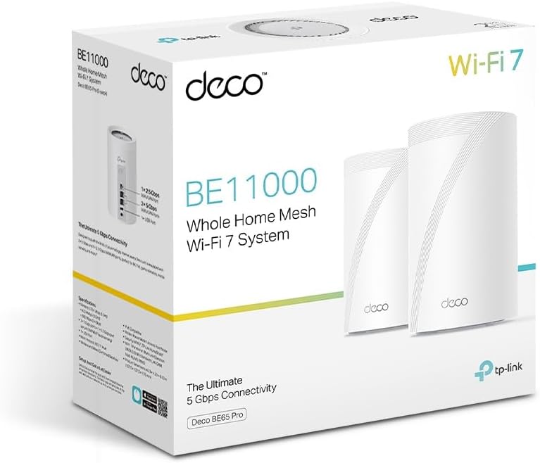 TP-Link Deco BE65 Pro Wi-Fi 7 Mesh WLAN Set(2er-Pack), Tri-Band BE9300 Router & Repeater, 2 × 5G-Por