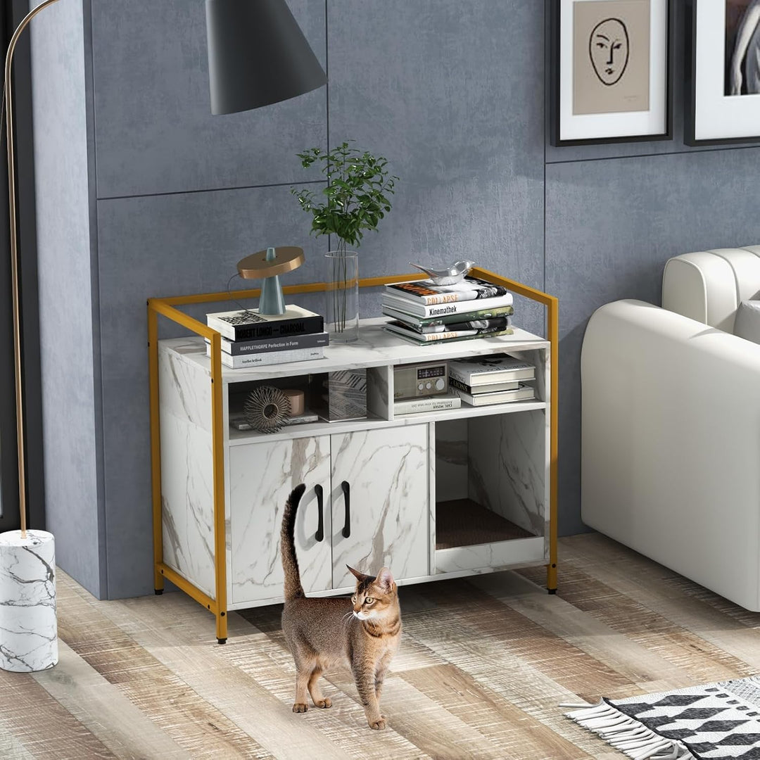 GOPLUS Katzenschrank, Katzentoilette mit Doppeltüren & stabilem Metallrahmen & Kratzbrett & 2 Fächer