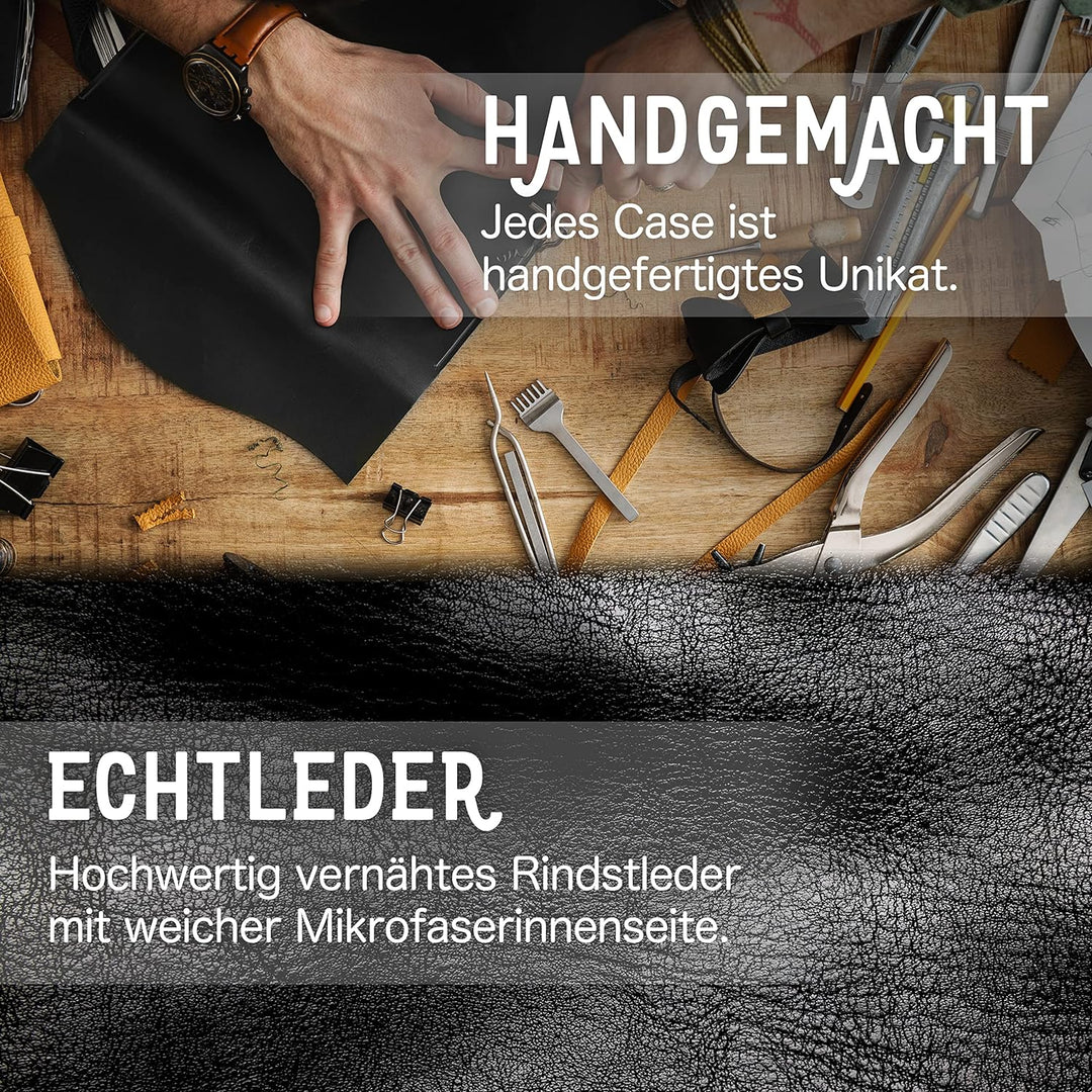 NALIA Echt-Leder Flipcase kompatibel mit iPhone 14 Plus Hülle, Handgefertigt Rindsleder Schutzhülle