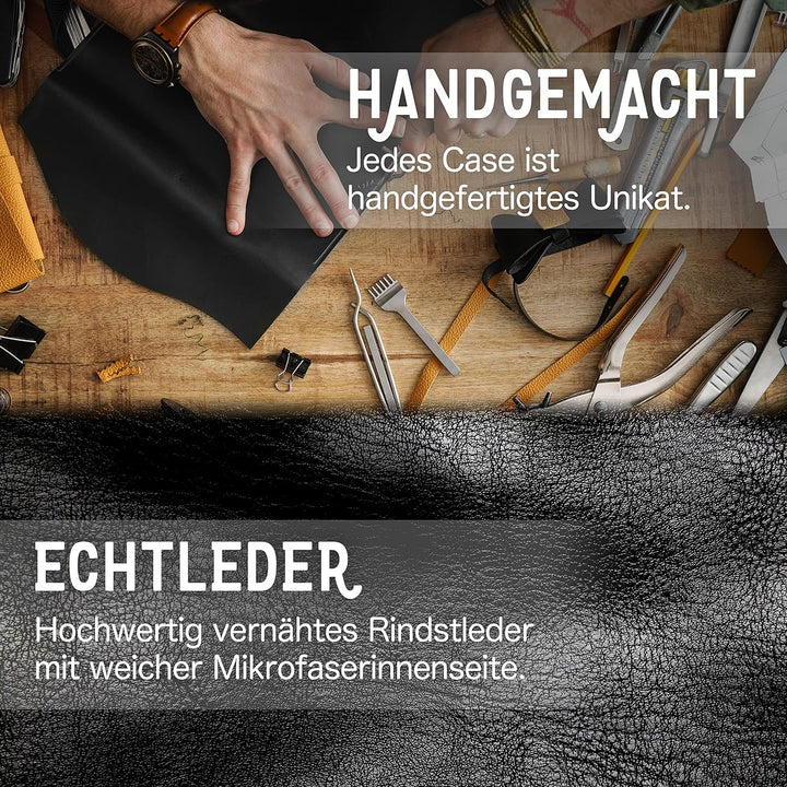 NALIA Echt-Leder Flipcase kompatibel mit iPhone 14 Plus Hülle, Handgefertigt Rindsleder Schutzhülle