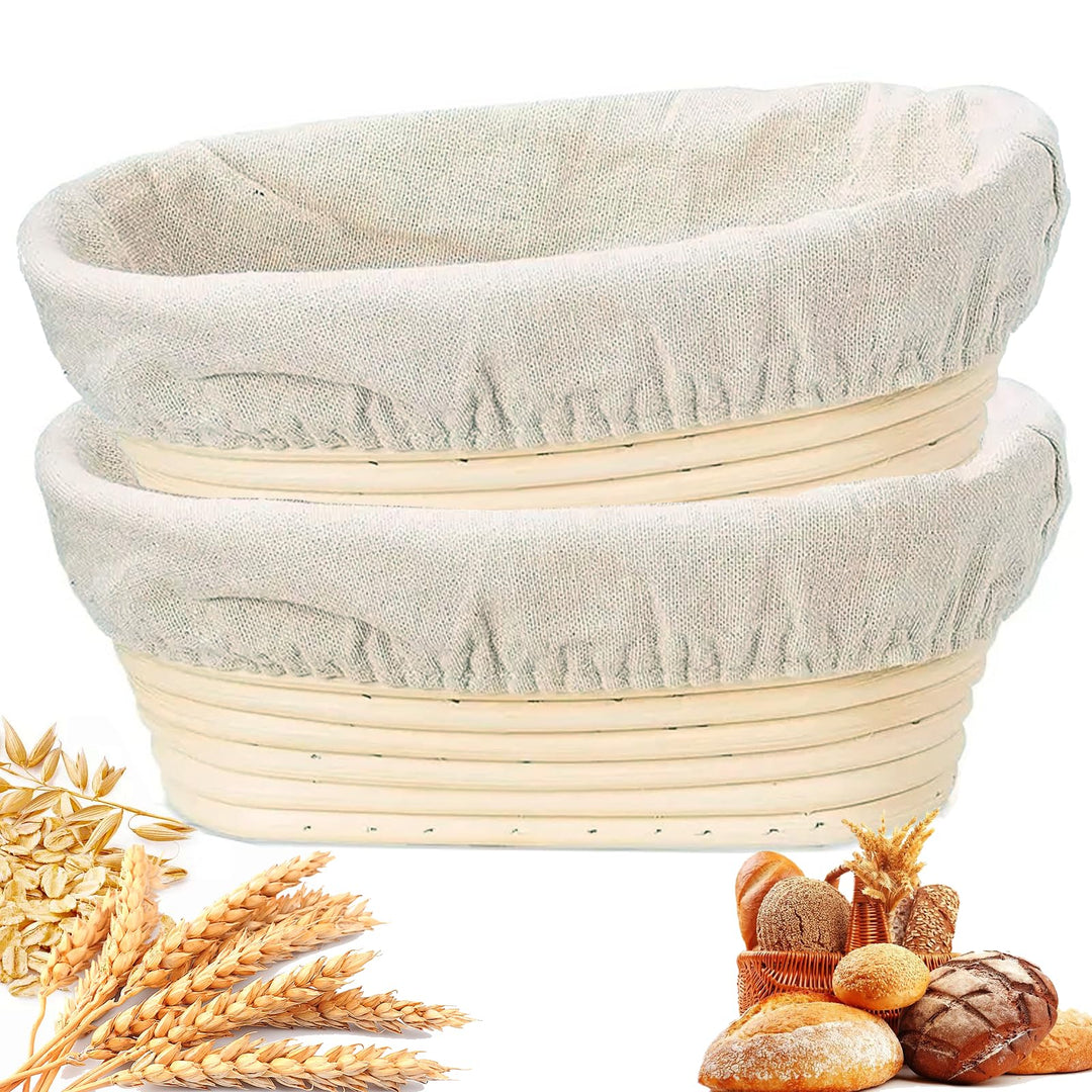 2 Stück Oval Gärkörbchen Set mit Leinenstoff Einlage, 25 x 15 x 8cm Brotbacken Gärkorb, Natürlichem