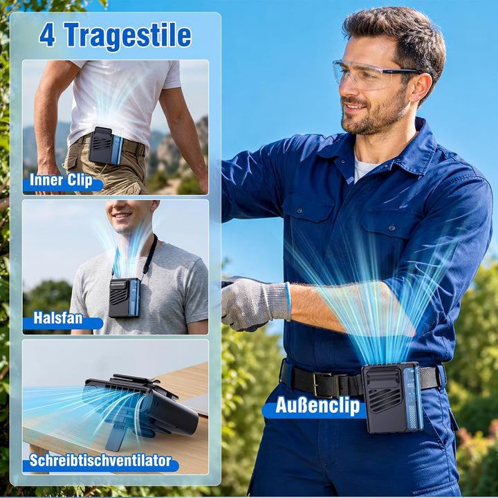 Tragbarer Taillen Clip Ventilator - 4000mAH Schwarz Aufladbar, 10000RPM, Tshirt Ventilator mit LED-D