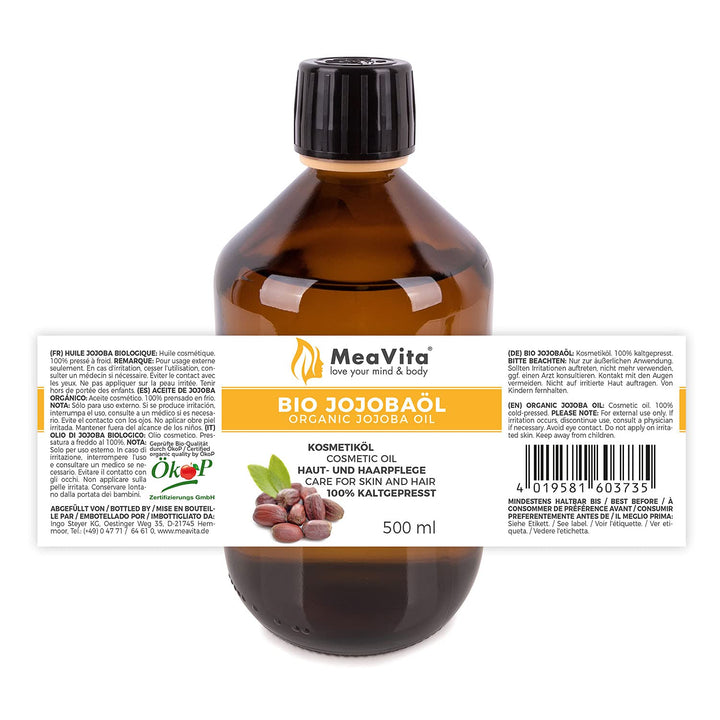 MeaVita Jojobaöl Gold - 1 reines kaltgepresstes Öl, ÖKoP zertifiziert, 1er Pack (1 x 500 ml) 500 ml
