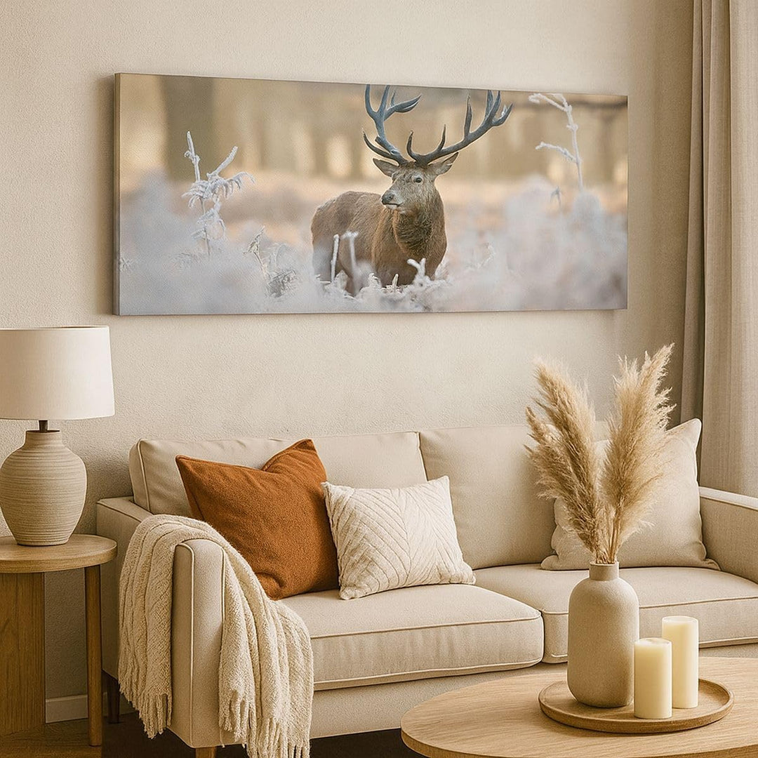 Panorama Bilder auf Leinwand 100x40cm Leinwandbild Hirsch Wald Natur Gross Wanddeko Bild Schlafzimme