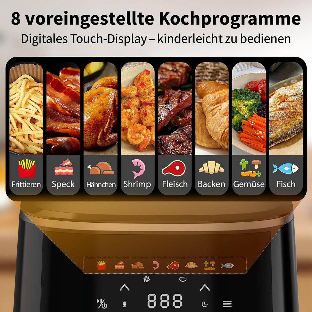 aeco COMPACT AirFryer 4,3 Liter, Heissluftfritteuse mit digitalem Touch-Display, 1500 Watt, 80°-200°