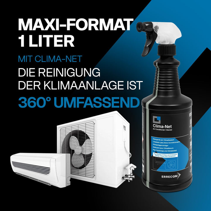 Errecom Clima-Net, Reiniger für Klimaanlagen, Filter, Lamellen und Aussengeräte, 1L Clima Net, Clima