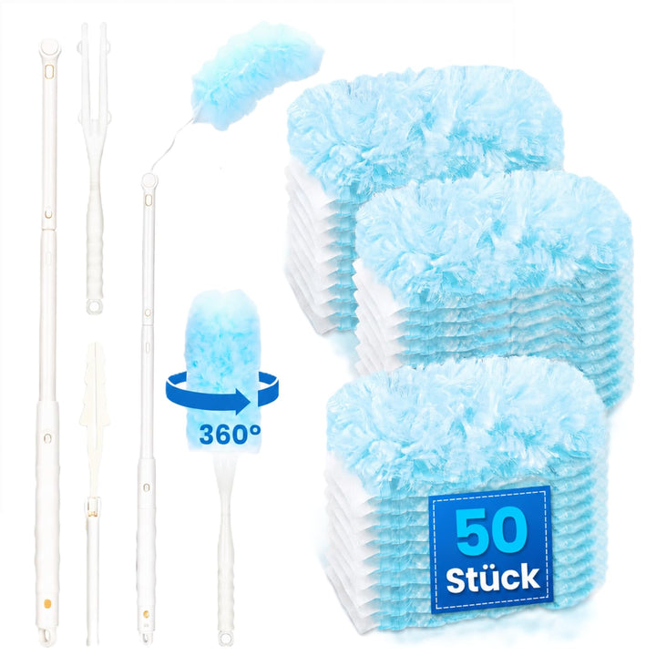 50 Stück Staubmagnet Nachfüllpack Kompatibel mit Swiffer - 360° Staubwedel Set mit Teleskopstange &