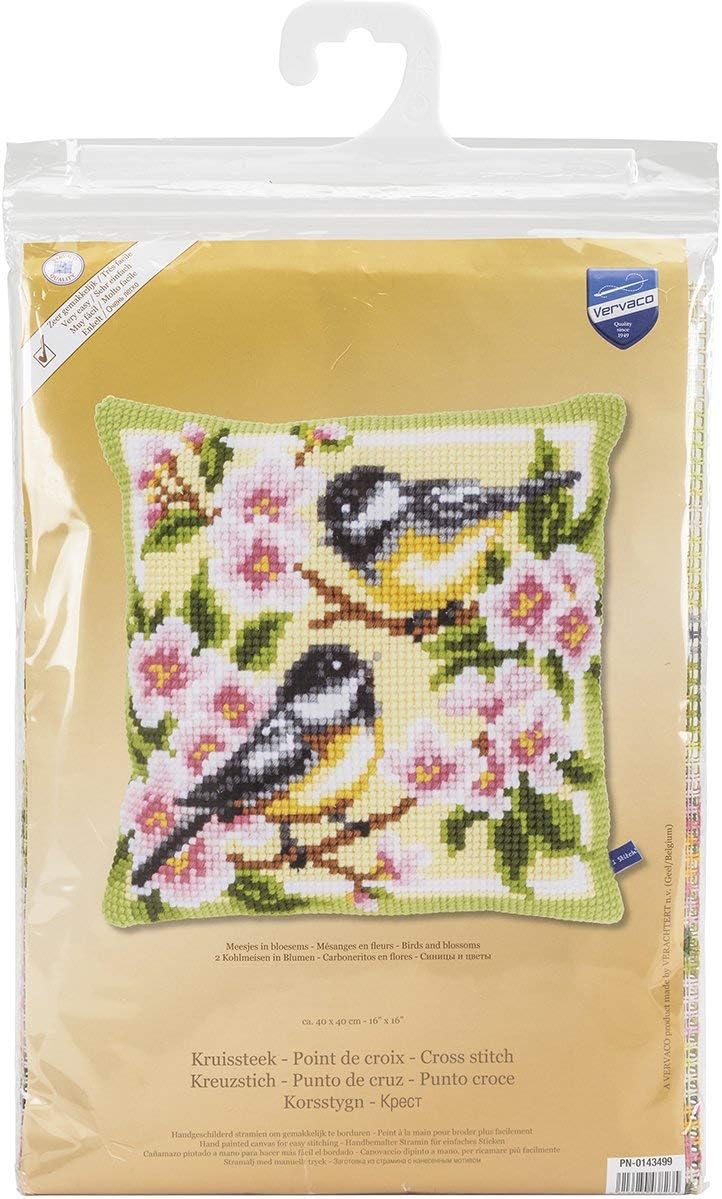 Vervaco Kreuzstichkissen 2 Kohlmeisen in Blumen Kreuzstichpackung Stickkissen vorgezeichnet, Stramin