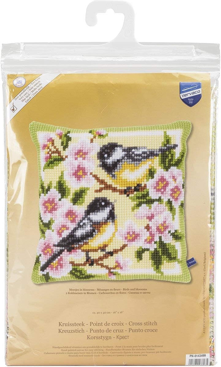 Vervaco Kreuzstichkissen 2 Kohlmeisen in Blumen Kreuzstichpackung Stickkissen vorgezeichnet, Stramin