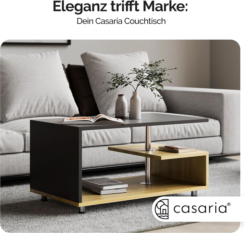 Casaria® Couchtisch Grau Holz Modern mit Stauraum 95x55cm Edelstahl Füsse Rund Höhenverstellbar Abla