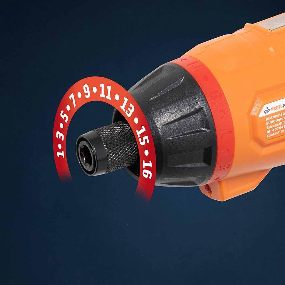 Akkuschrauber „Knick & Klick“ – 4 V Drehmoment-Schrauber mit LED-Licht, Schnellspannfutter & Alukoff