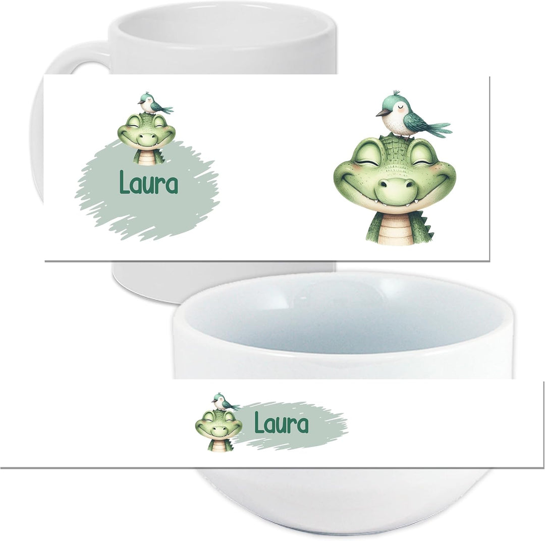 GRAZDesign Frühstückset Tasse mit Müslischale personalisiert für Kinder Krokodil Motiv aus Keramik -