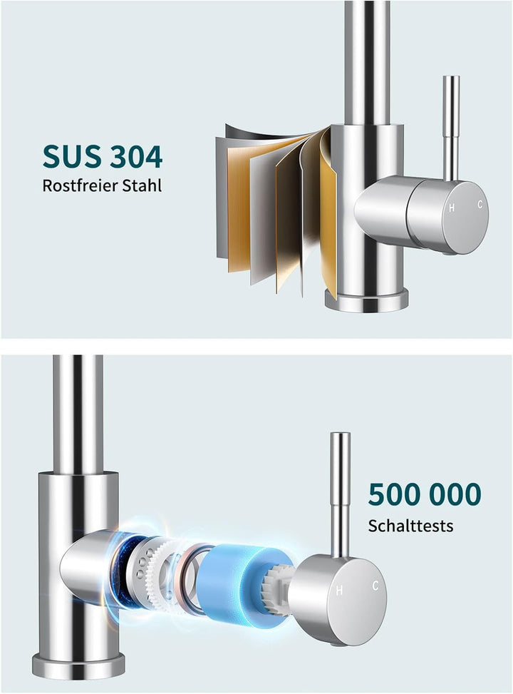 Hiqufet Wasserhahn Küche, Ausziehbare Küchenarmatur mit Sprühbrause aus Edelstahl und 2 Sprühfunktio