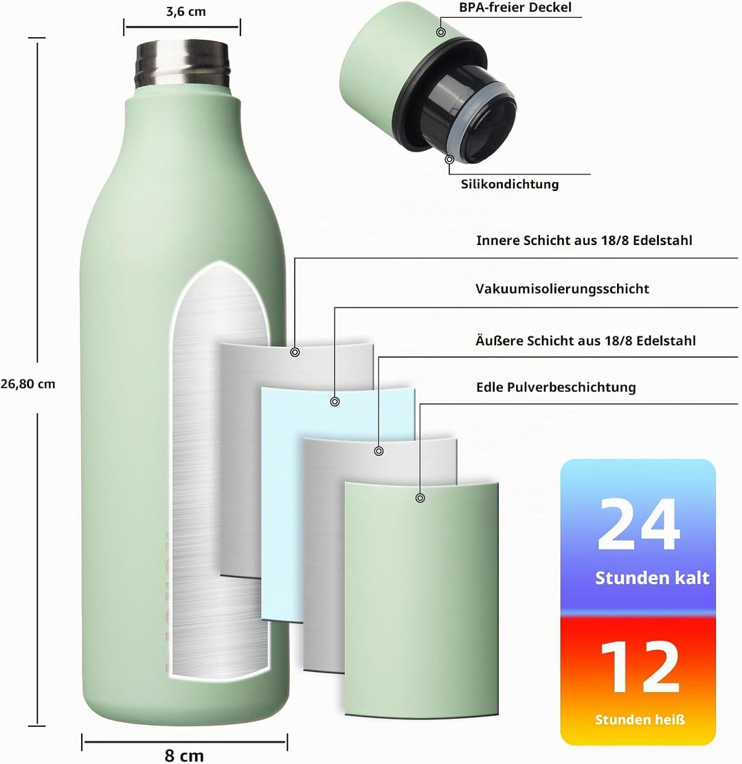 BJPKPK Isolierte Wasserflaschen, 750ml Edelstahl Metall Trinkflasche Mit Trageriemen, BPA Frei Wasse