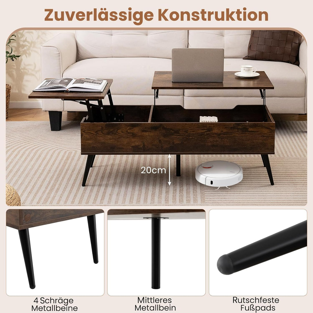 COSTWAY Couchtisch höhenverstellbar, Wohnzimmertisch mit anhebbarer Tischplatte & 2 versteckten Abla